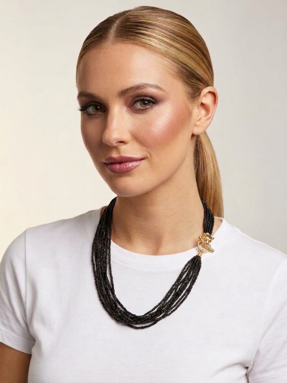 NWOT Multi-Strand Black Beaded Necklace with Gold Accent